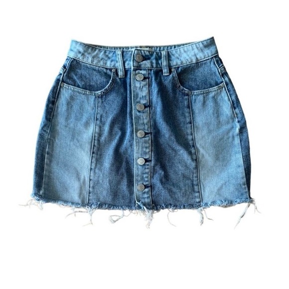 PacSun Dresses & Skirts - Pacsun Size 27 Bi Color Blue Denim Jean Mini Skirt Distressed Button Down
